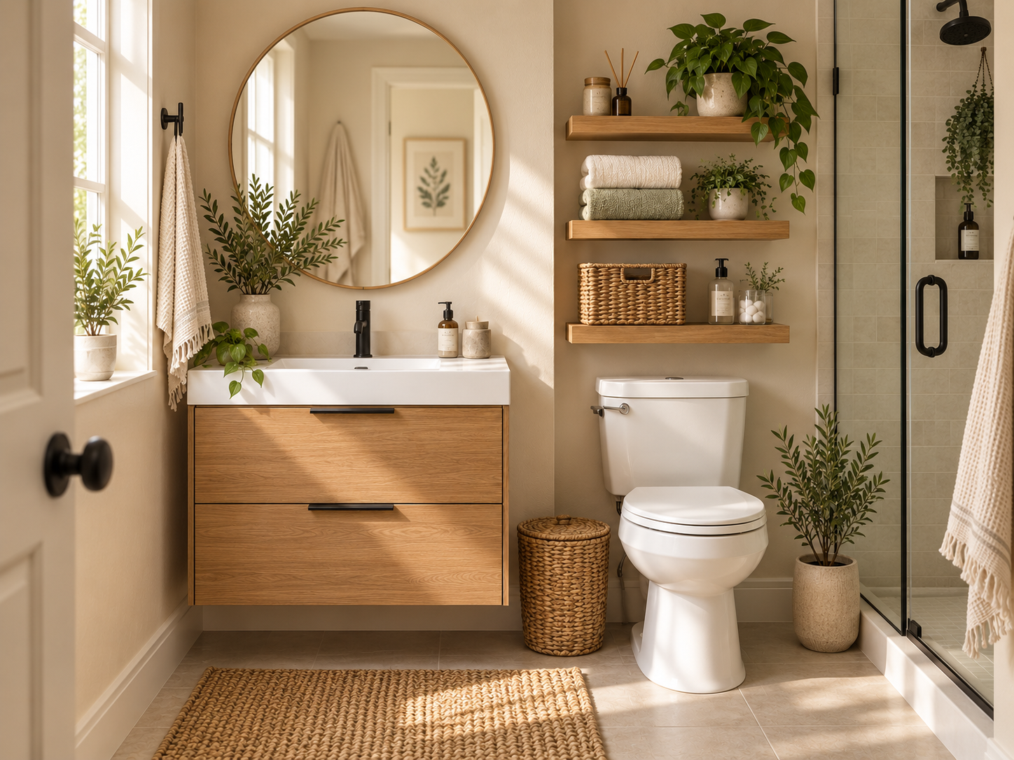 Add floating shelves above the toilet