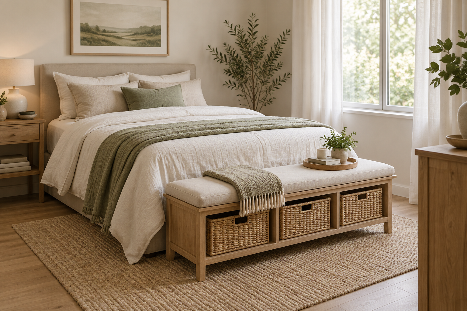 Use a bench or storage ottoman at the end of the bed