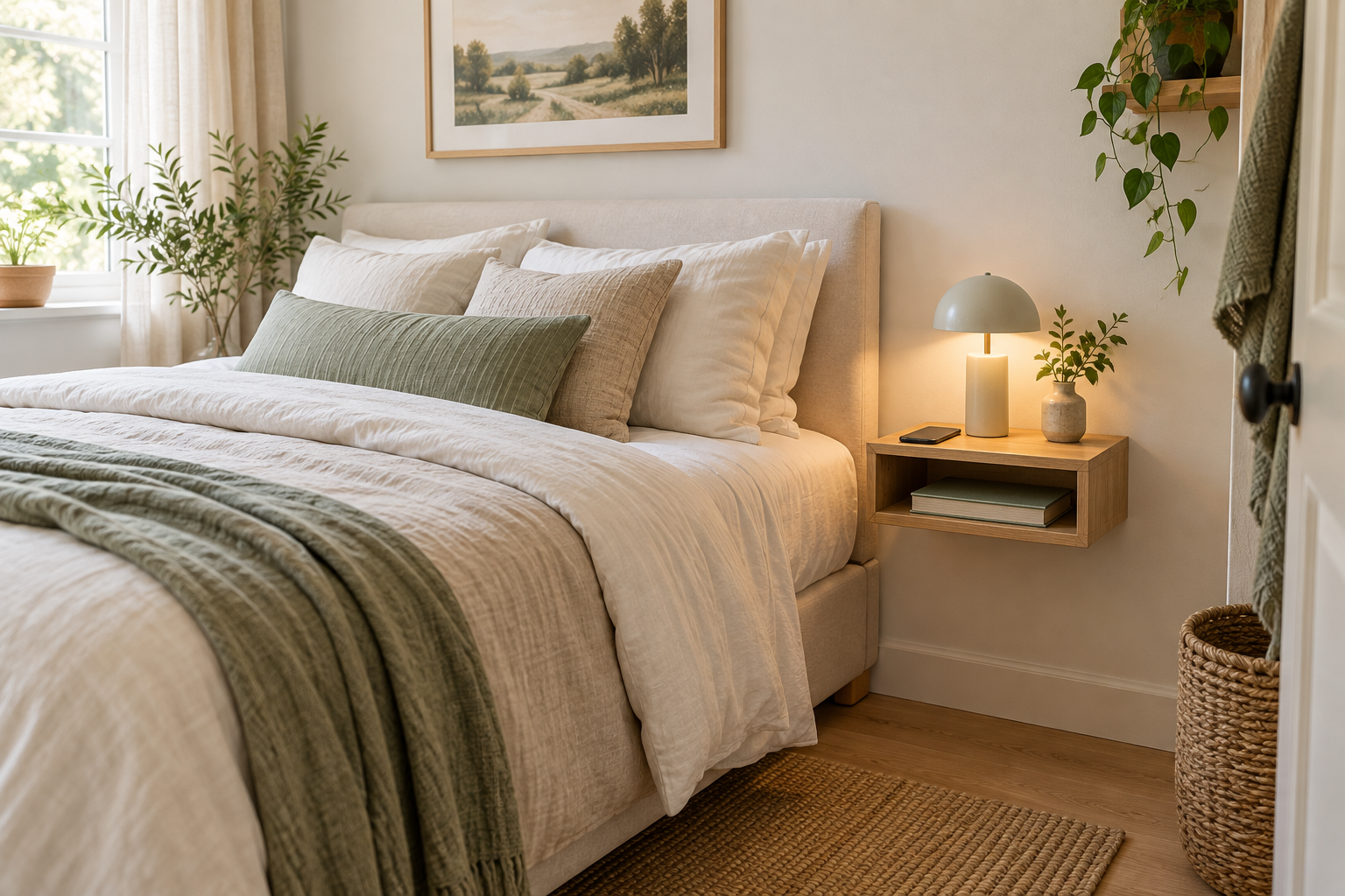 Replace a bulky bedside table with a slim shelf