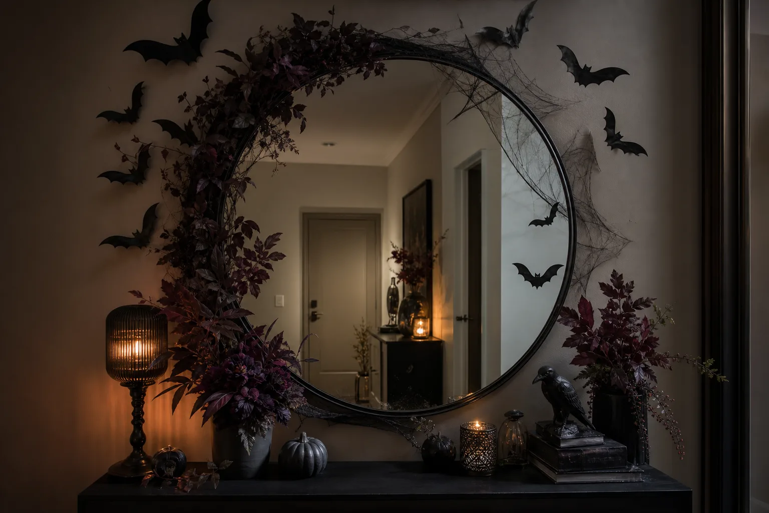 Give one corner of a dresser mirror a Halloween accent