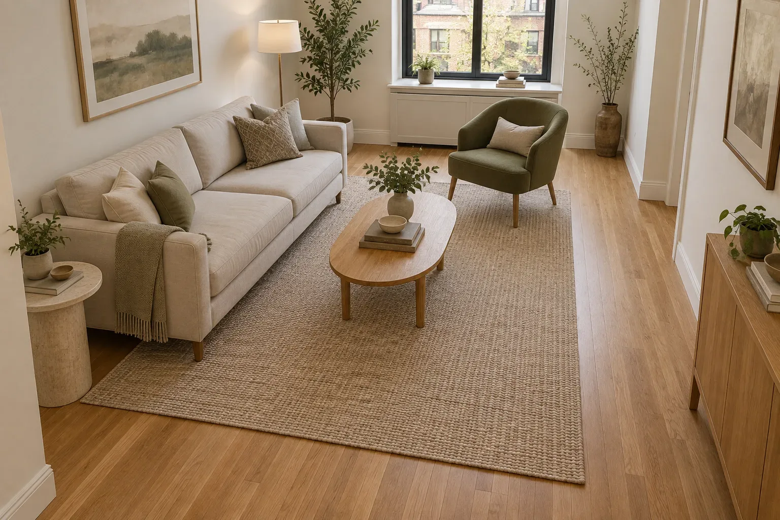 Use one rug to connect the sofa, chair and table