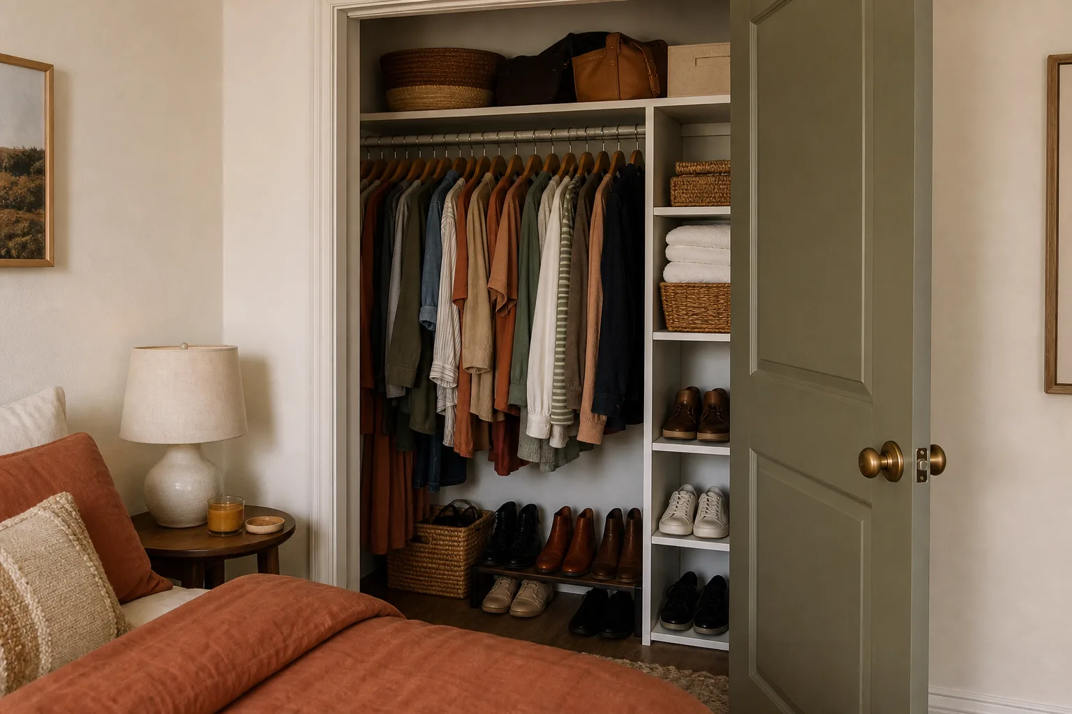 A bedroom wardrobe has a separate right-hand shelf section with folded towels and baskets.