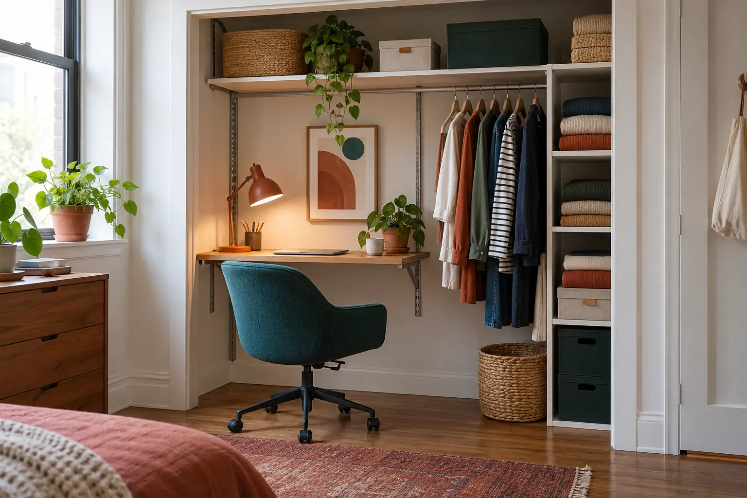 A compact desk and chair occupy one side of a wardrobe alcove while clothes and folded textiles use the other side.