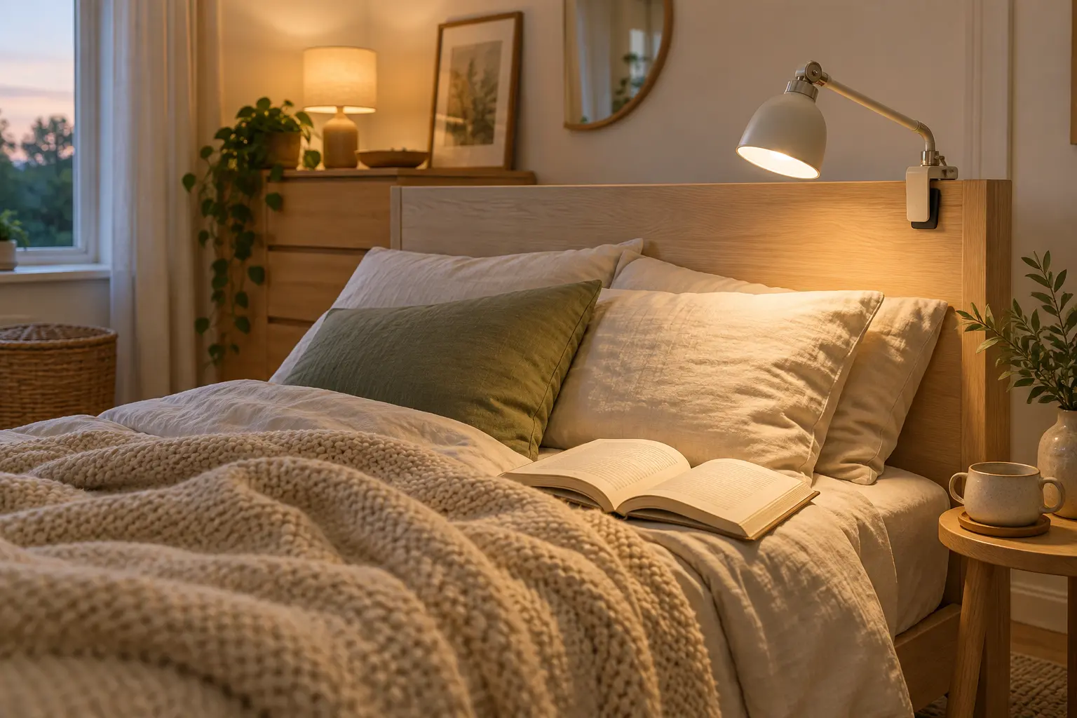 Clamp a reading light to a compatible headboard or shelf
