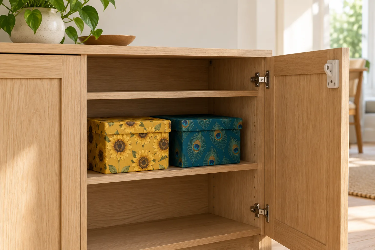 Small toy reserve bins inside a cupboard kept separate from the active play area.