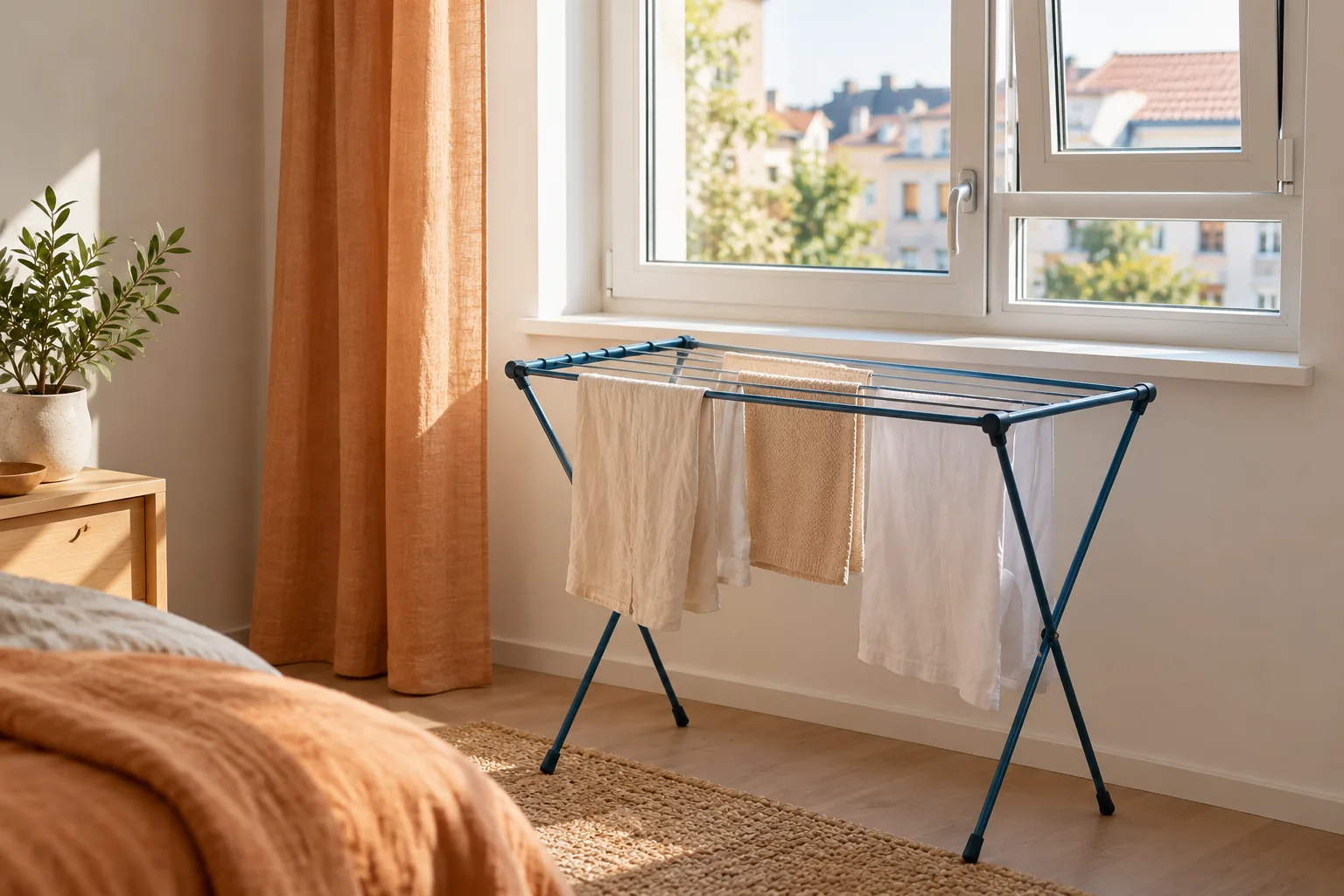 A drying rack near an accessible openable window with open space around both.