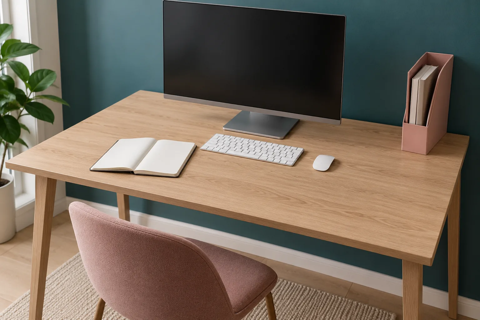 A compact office with a clear oak work surface and restrained petrol and rose color.