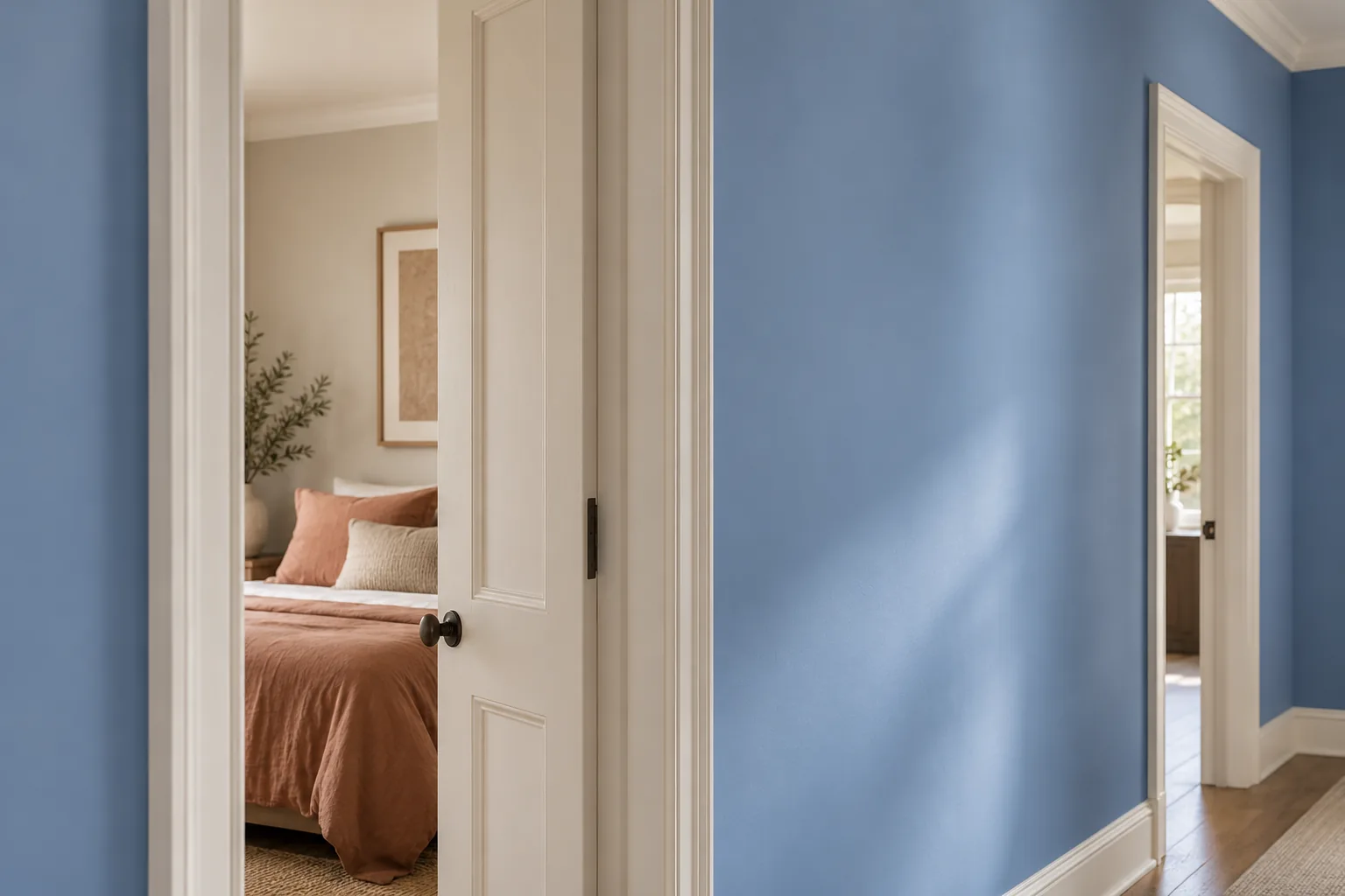 Cornflower hallway walls meeting warm-white trim beside an adjoining clay-colored room.
