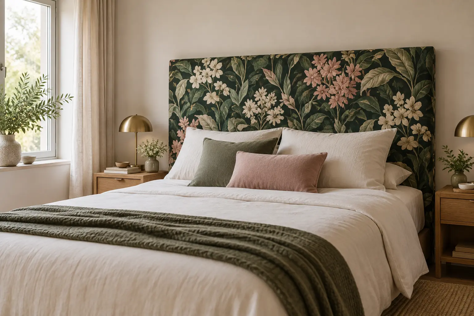 Use one dark botanical pattern as the room’s artwork