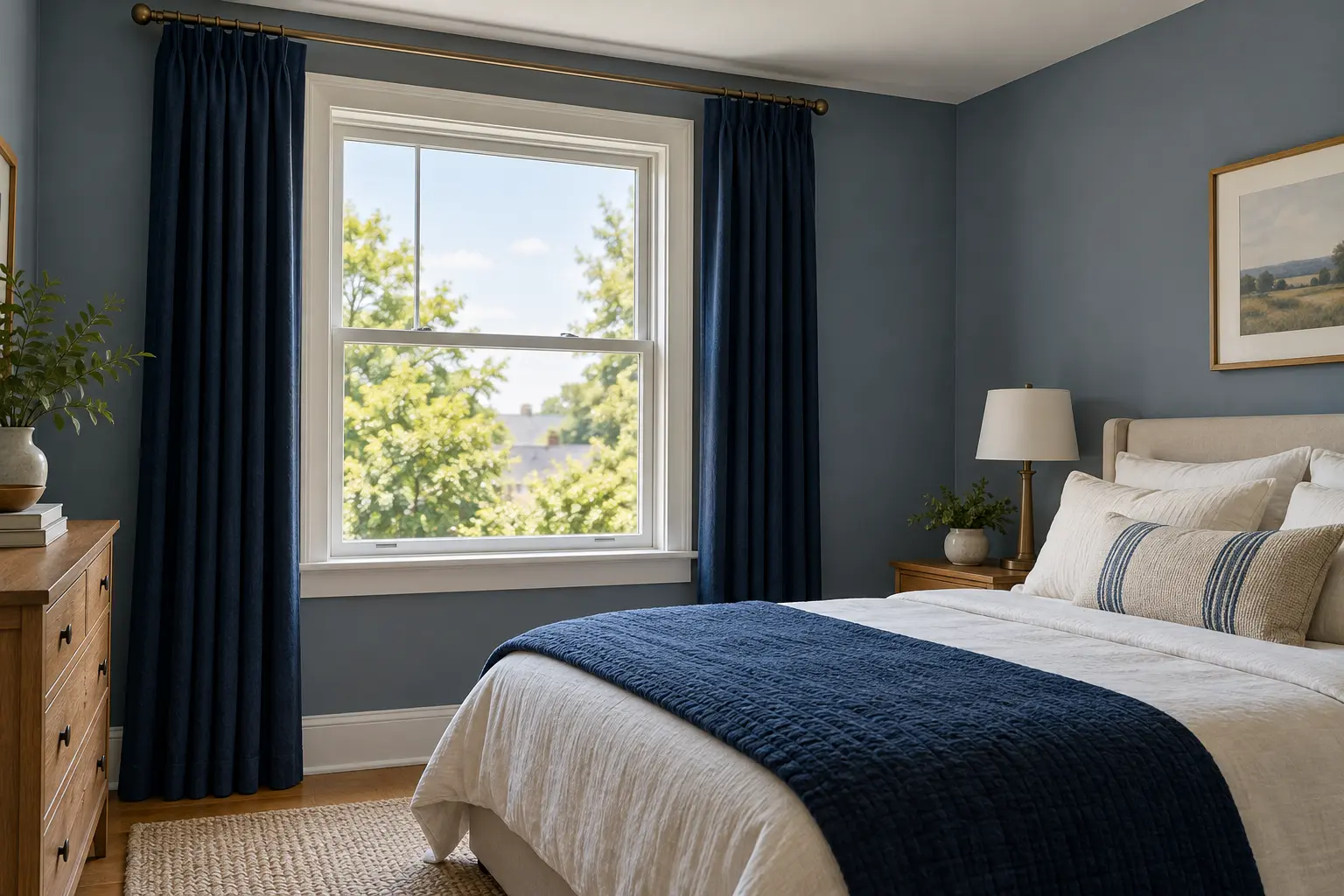 Let dark curtains frame the window, not swallow it
