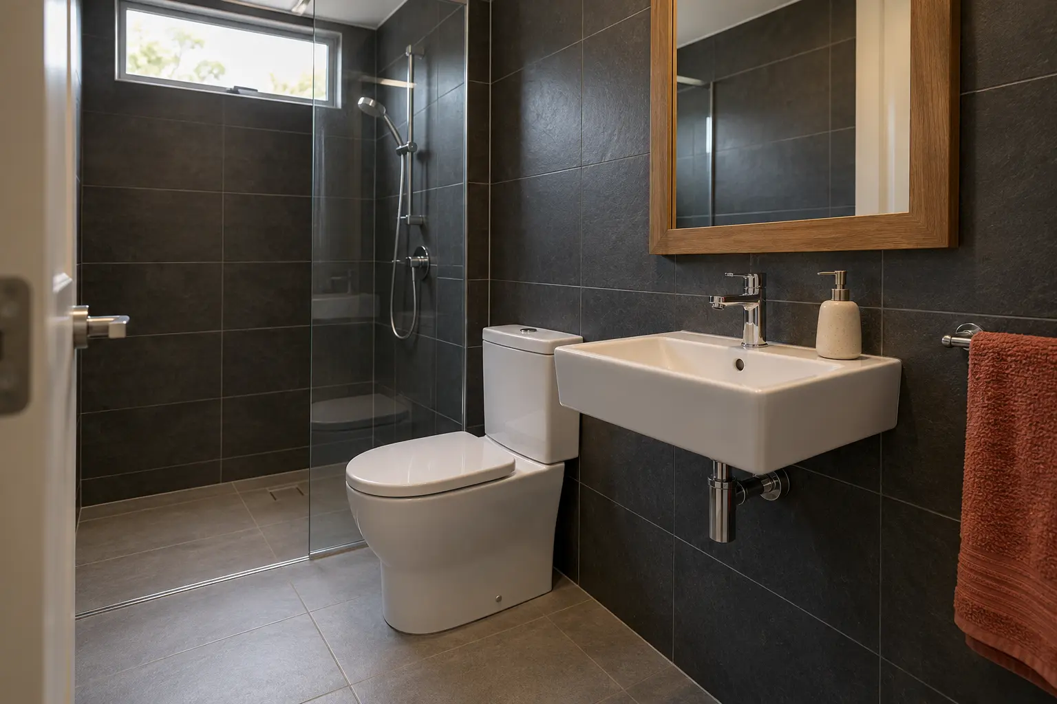 Warm up dark tiles with clay and natural textures