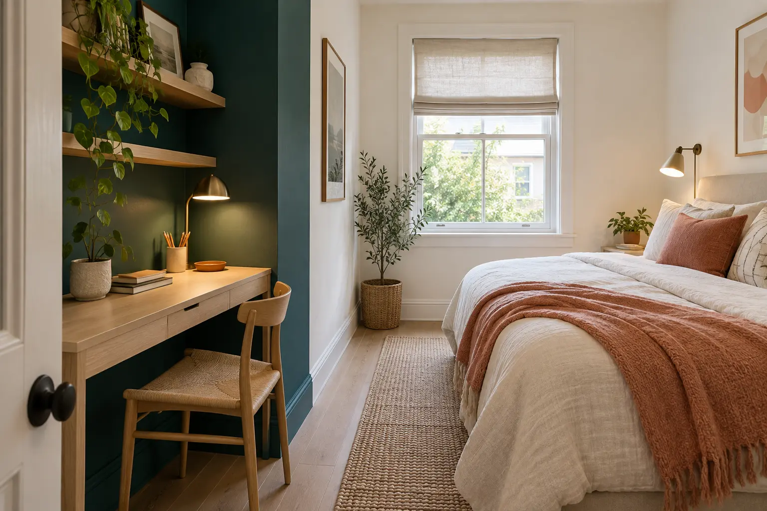 Give one functional zone a deep teal backdrop