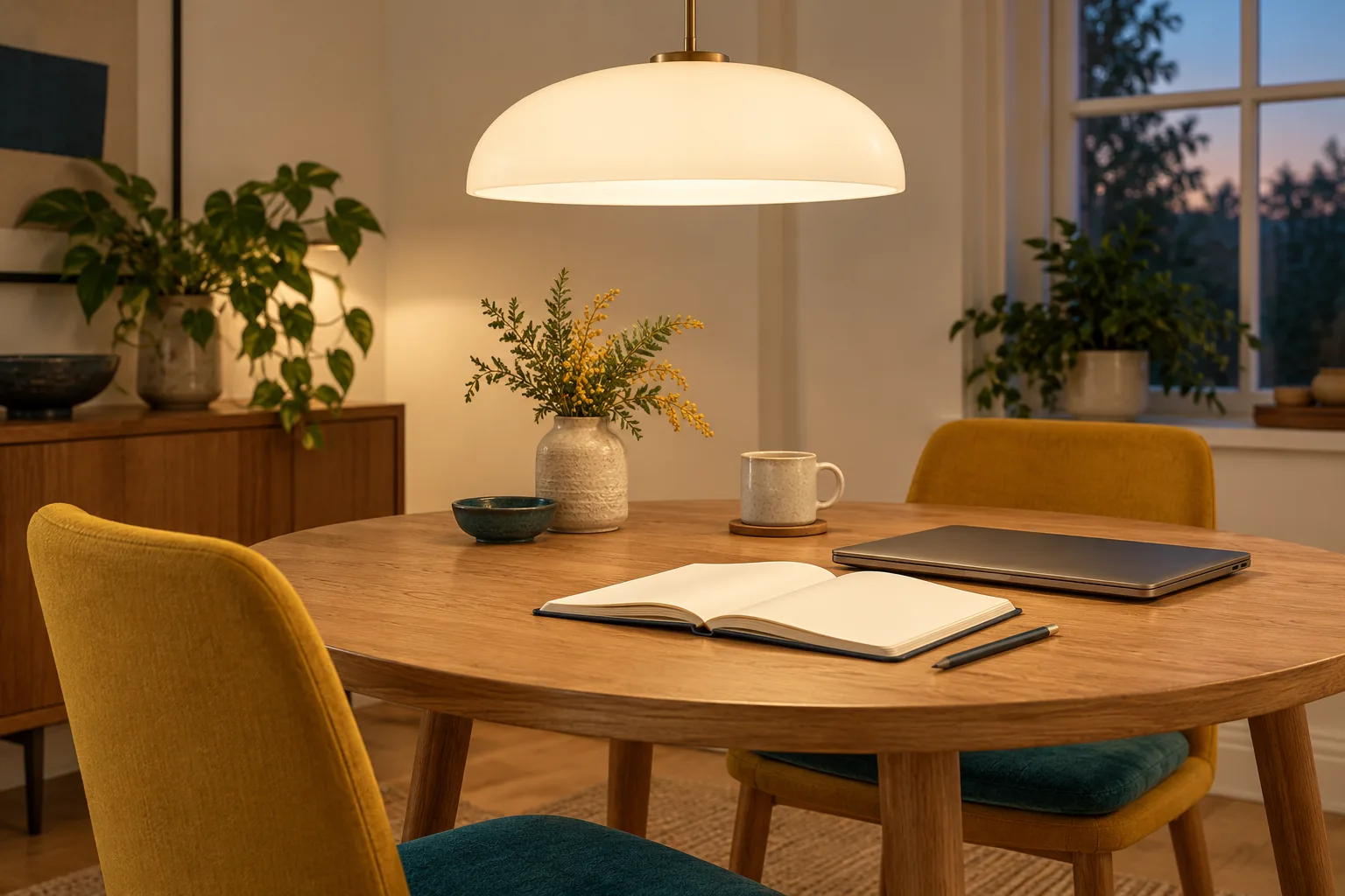 A dining table with a plain notebook and soft light from a shaded pendant.
