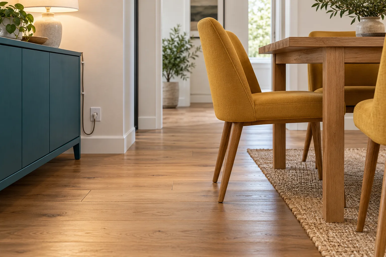 A pulled-out dining chair beside an open floor route, with a lamp lead kept behind furniture.