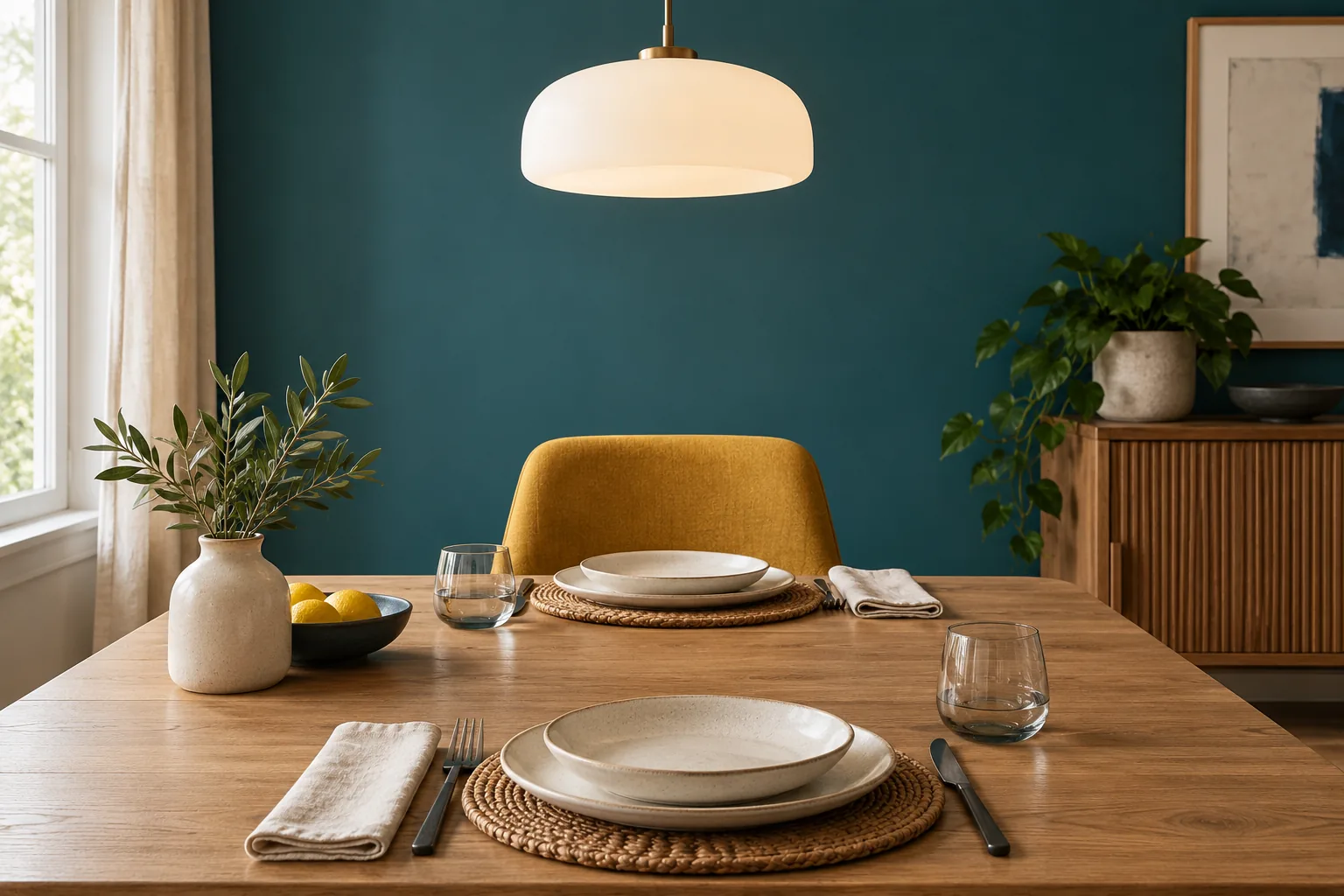 View across a small dining table toward a chair with the pendant above the sightline.