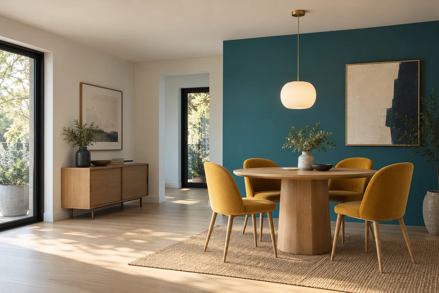 An opal pendant aligned over an oak table beside a peacock-blue wall.