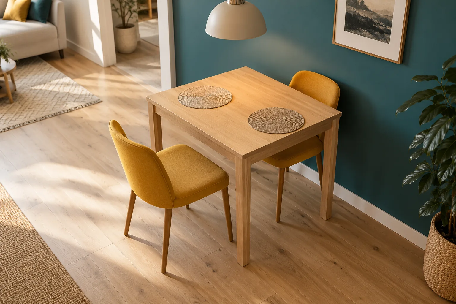 A small dining table with one chair pulled out and a clear surrounding route.