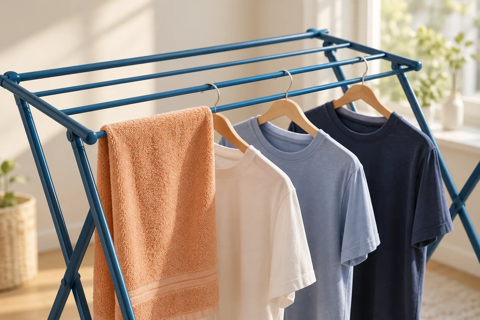 A few shirts and an apricot towel spaced on a compact drying rack.