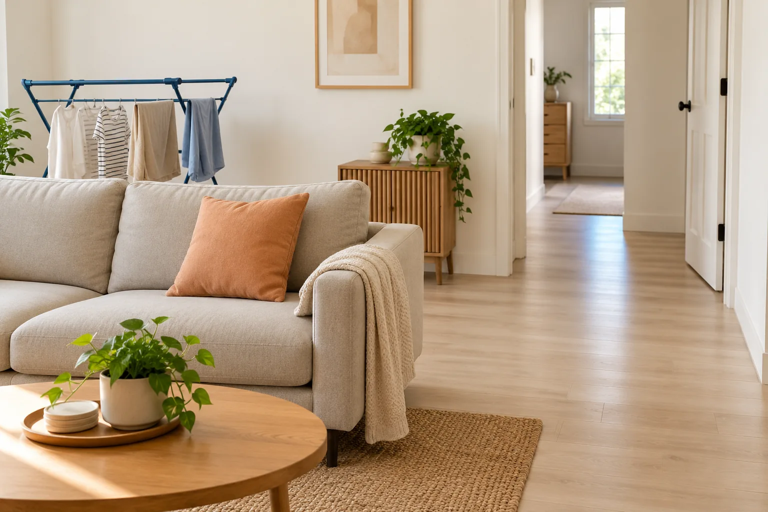 A modest drying rack at the side of a living area with a clear route to the door.