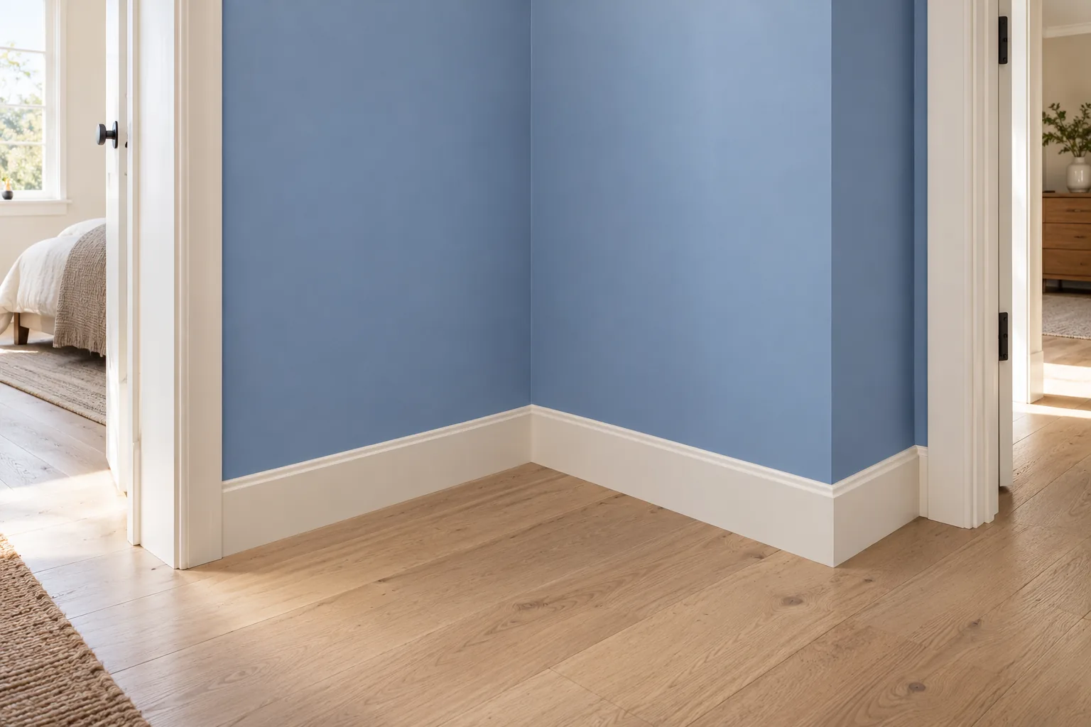 An empty hallway corner with clear skirting and two usable doorways.