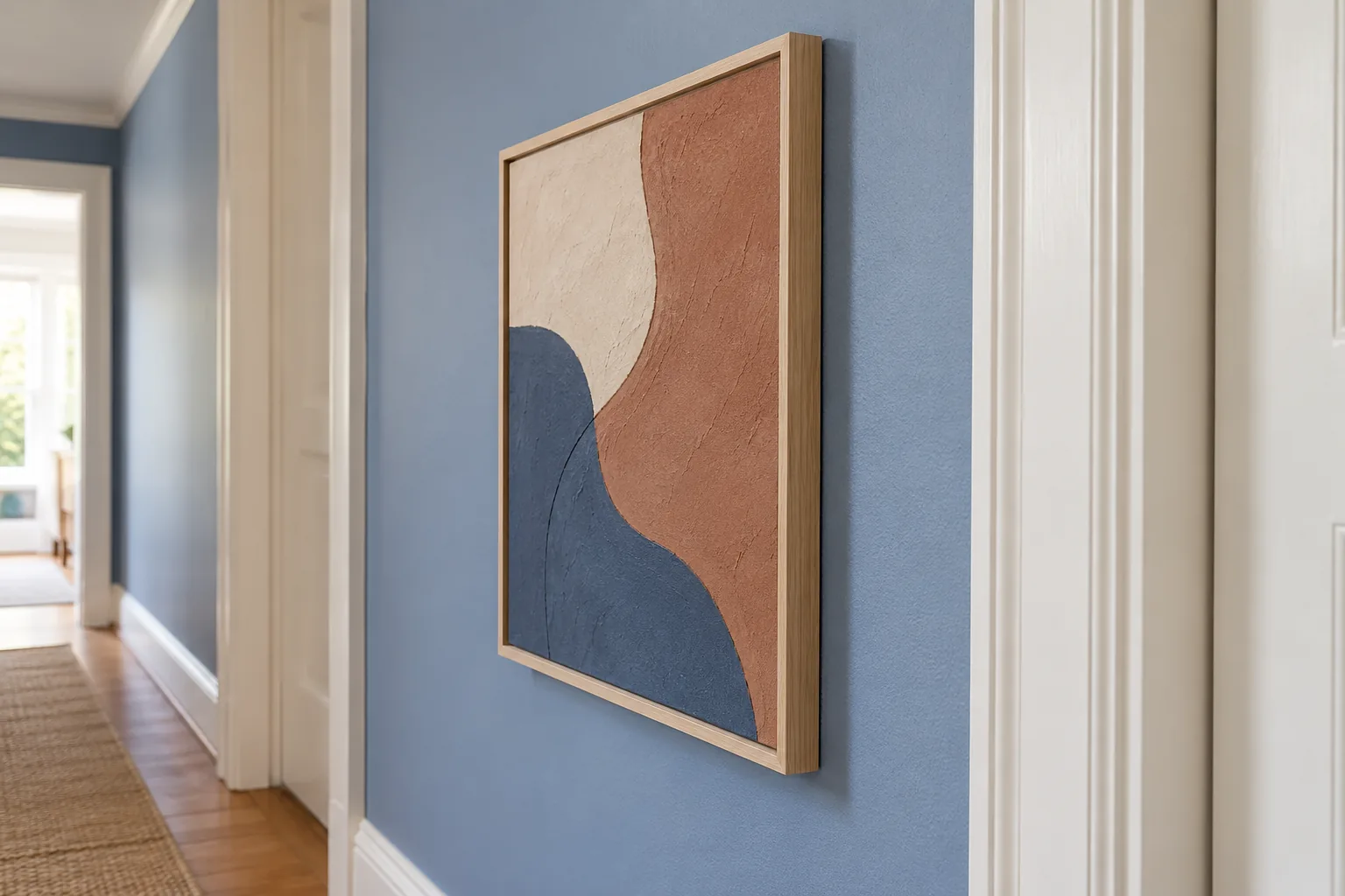 A thin-framed clay and cornflower abstract artwork close to a hallway wall.
