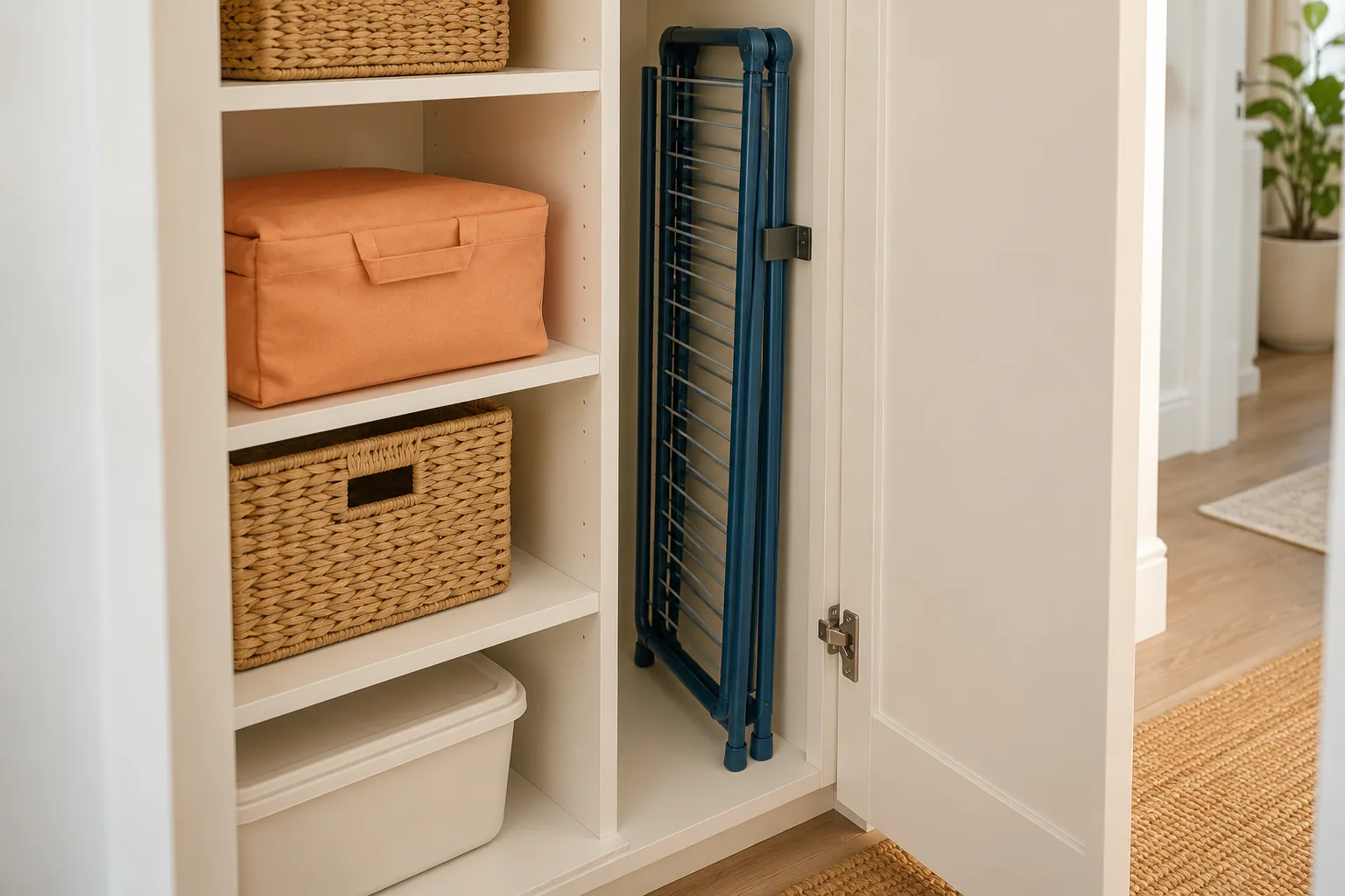 A dry folded rack retained upright in its own utility cupboard bay.
