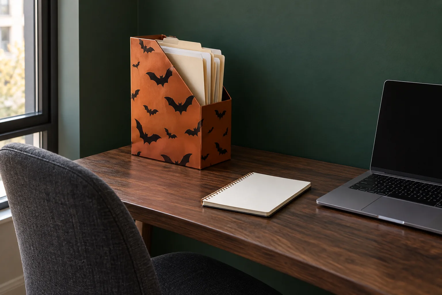 Give the existing file holder a bat-patterned face