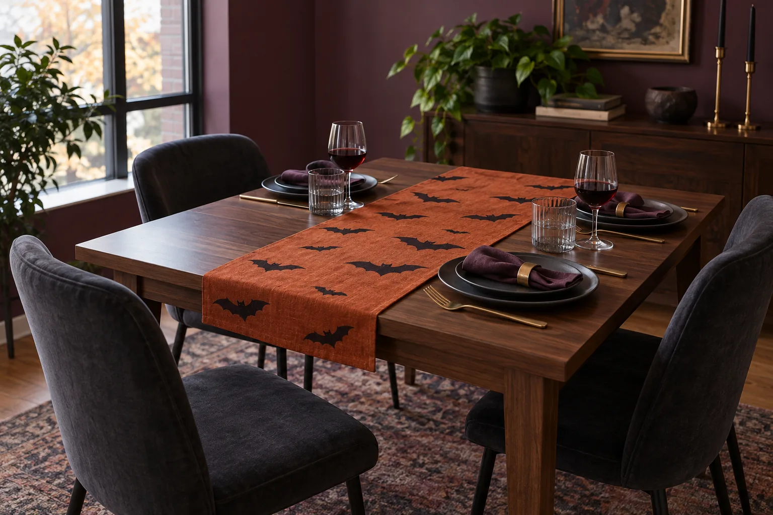 Try a short bat-patterned runner on a rectangular table