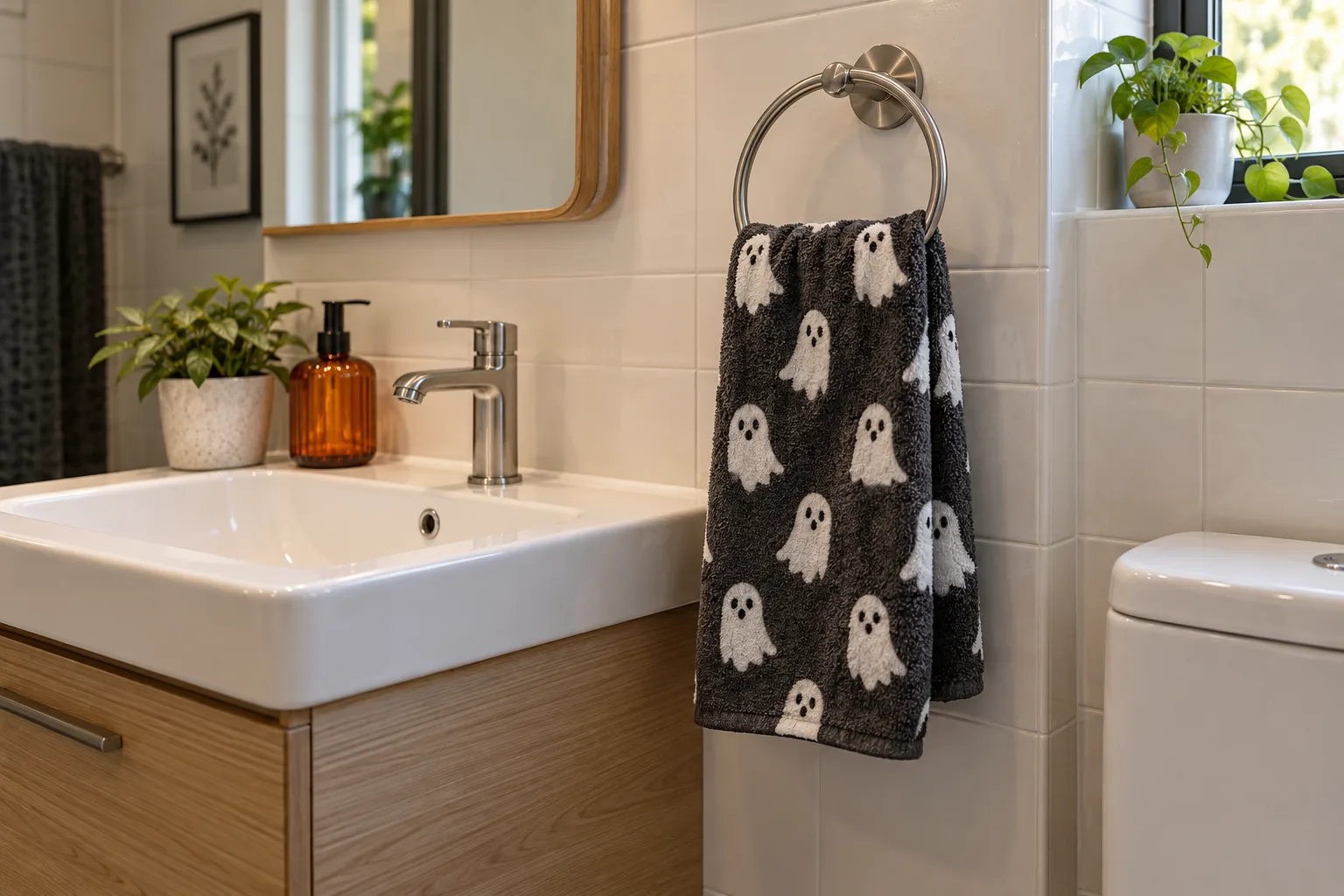 Replace the hand towel with a ghost or black-cat pattern