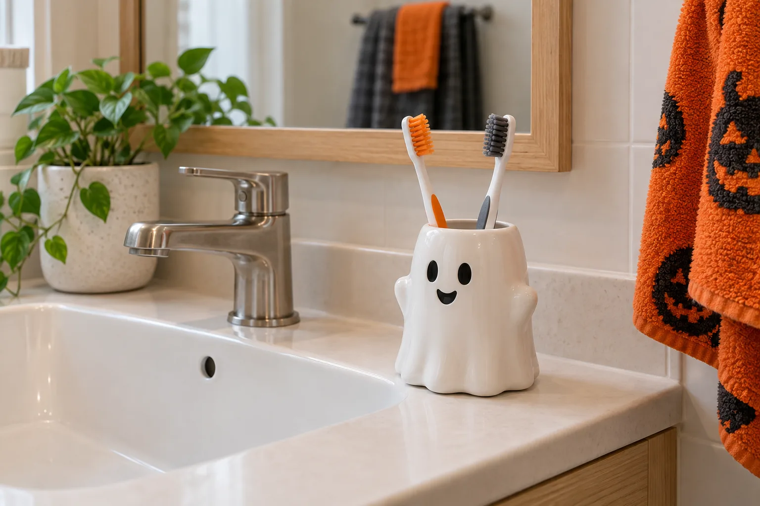 Use a pumpkin-shaped toothbrush holder with a practical interior