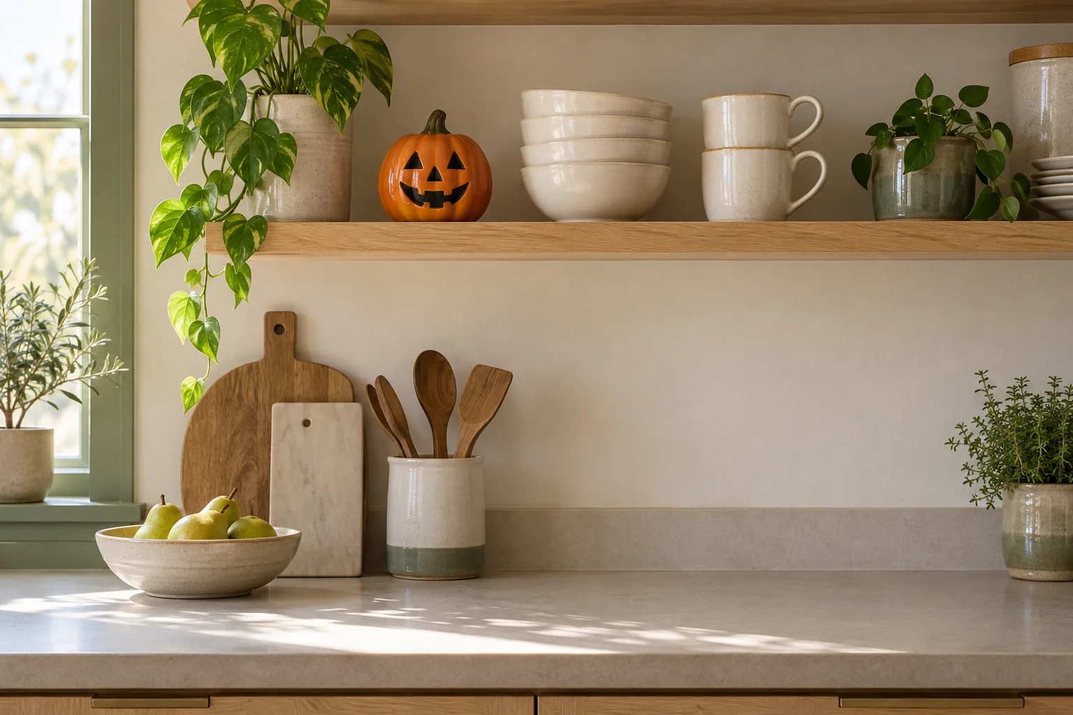 Swap one shelf ornament for a small Halloween piece