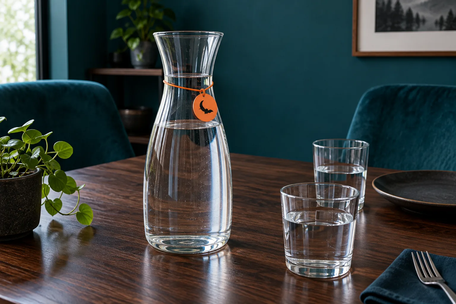 Give the water carafe a moon-and-bat detail