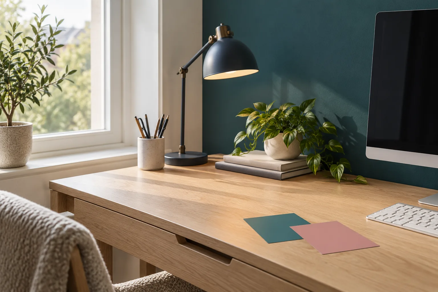 Paint sample cards beside an oak desktop and a side window.