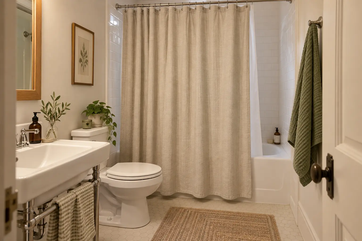 Make the shower curtain the largest quiet texture