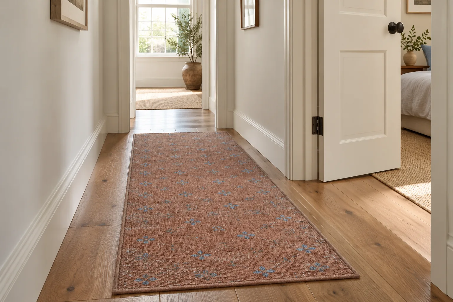 A flat low-profile clay runner with exposed wood floor around its edges.