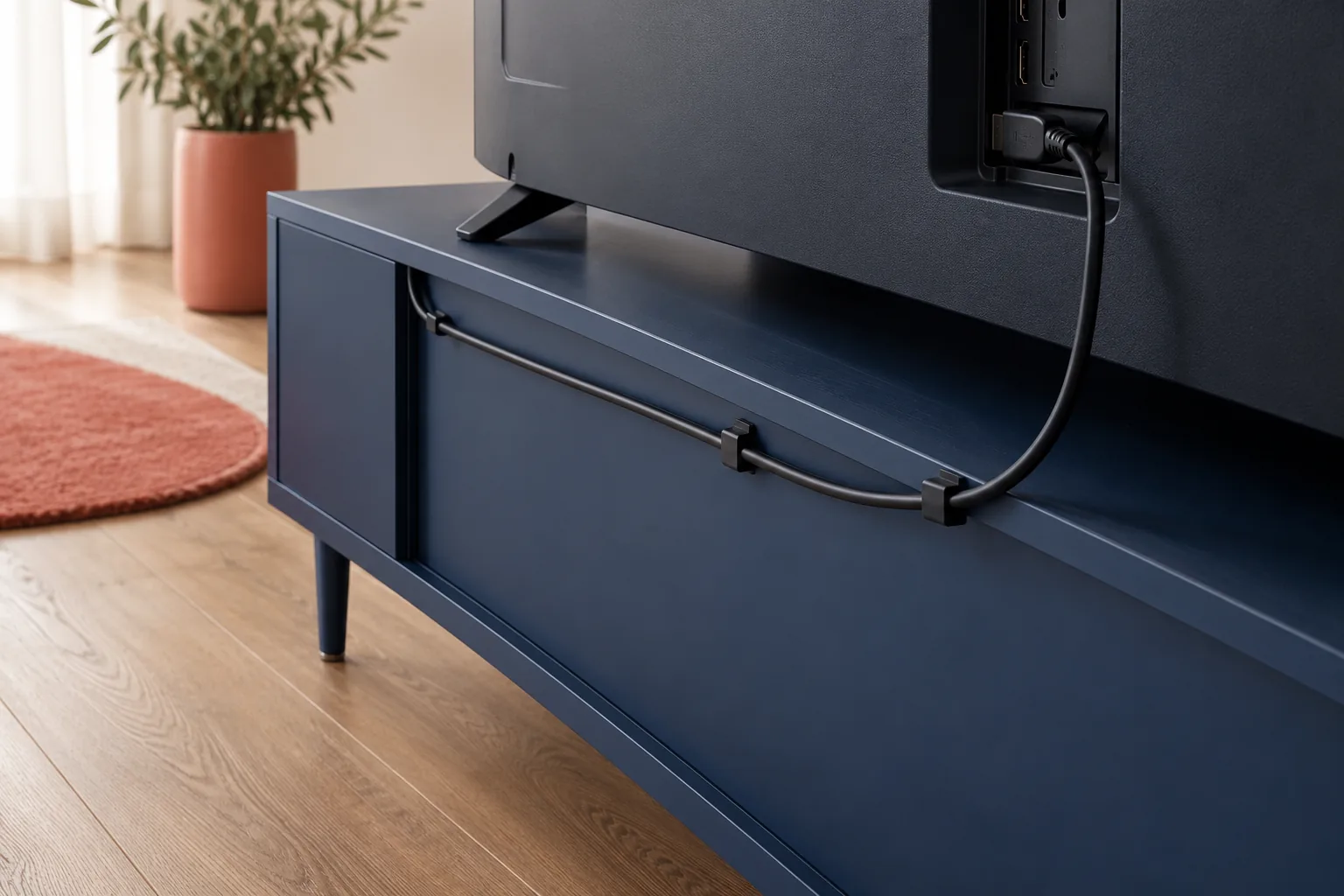 A single signal cable supported along the rear edge of a media console.