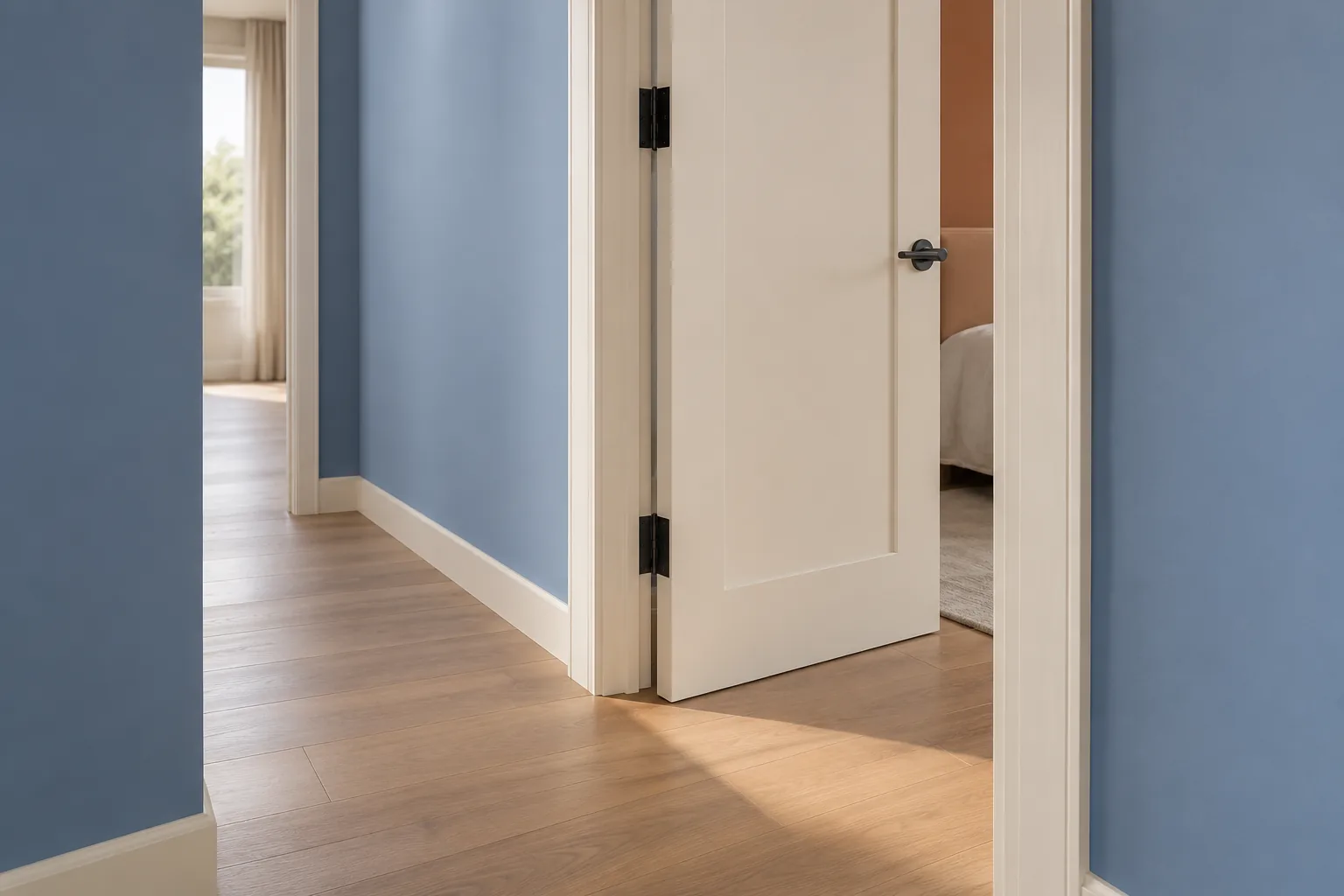 An internal corridor with a door opening into a room and clear space around its handle.