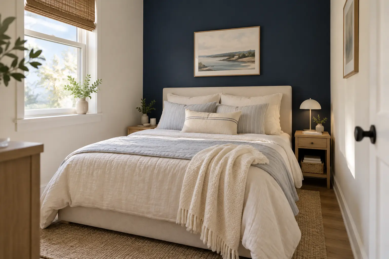 Anchor the bed with navy and keep the bedding light