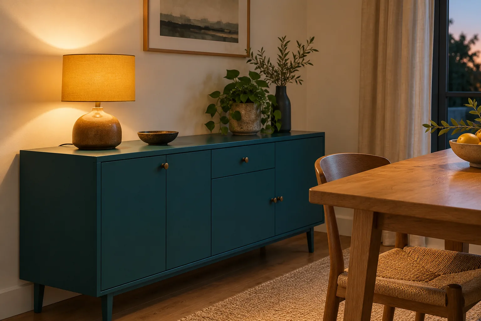 A shaded table lamp on a stable low sideboard beside a small dining table.
