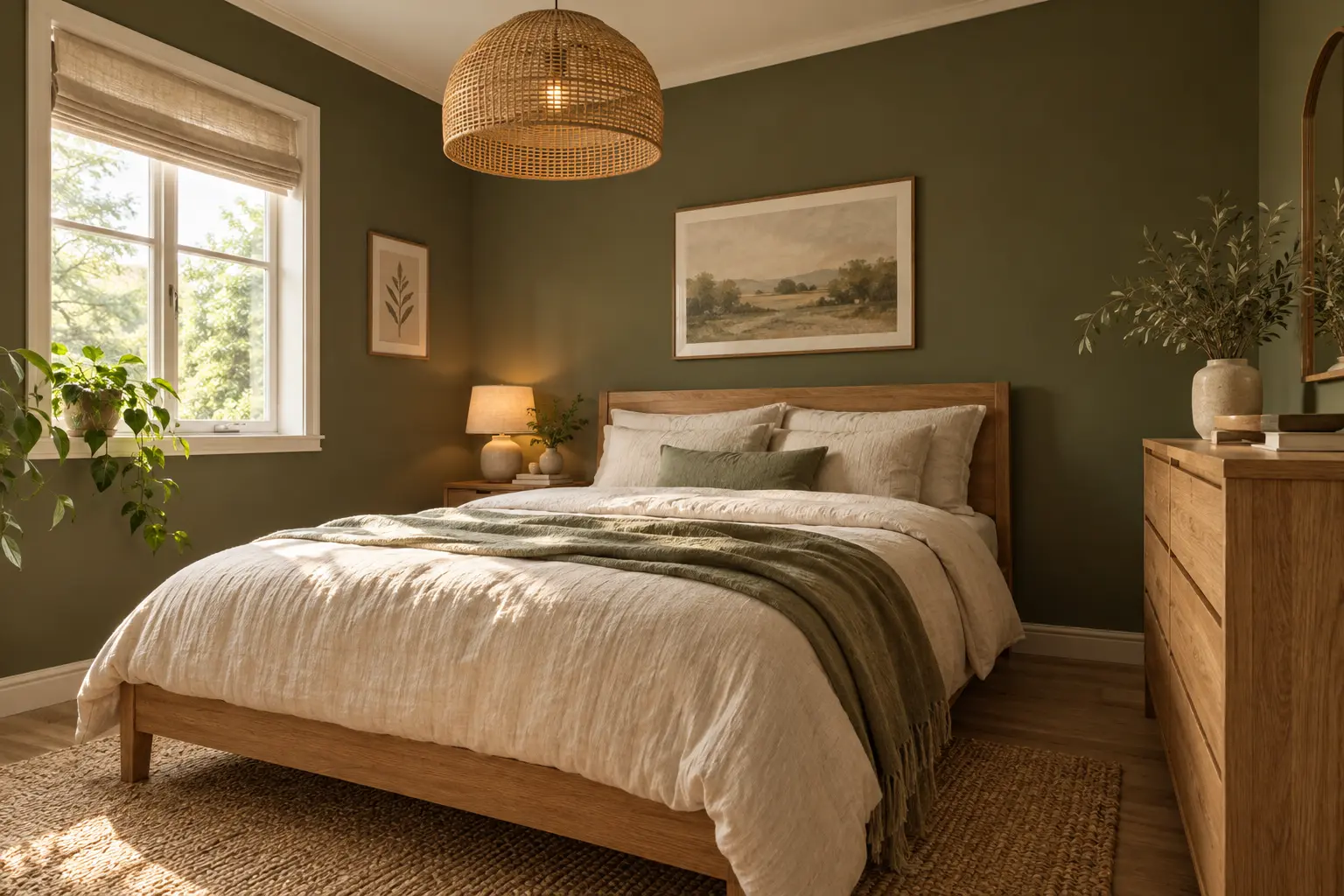 Pair olive walls with warm wood and cream linen
