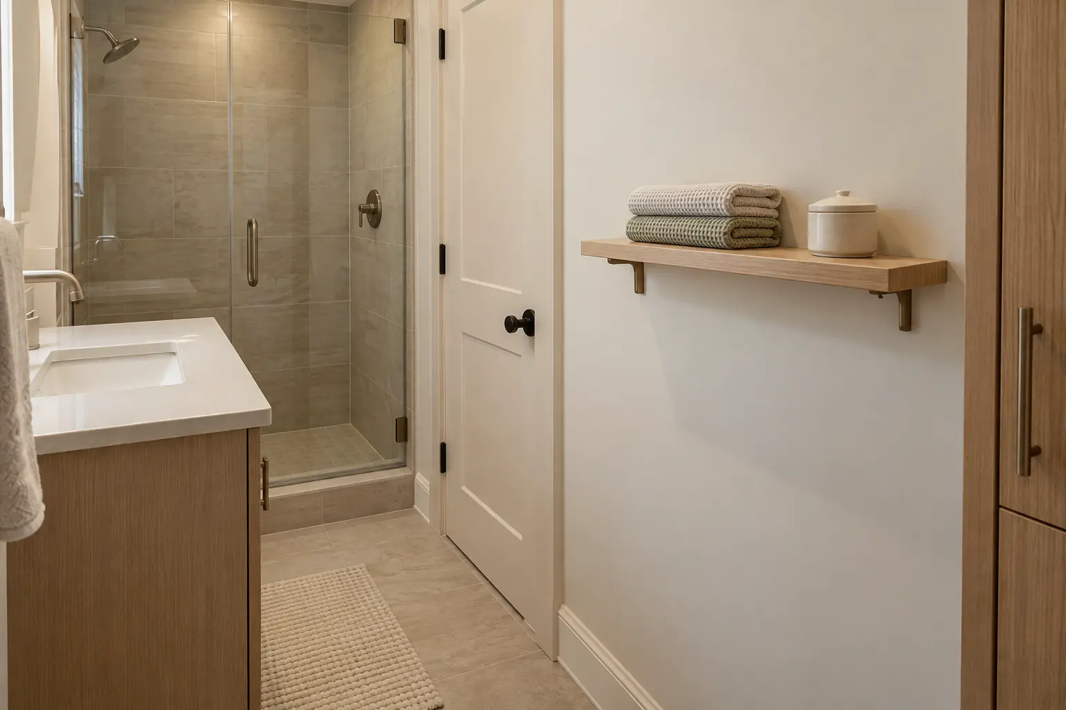 Keep a pale-wood shelf useful and lightly styled
