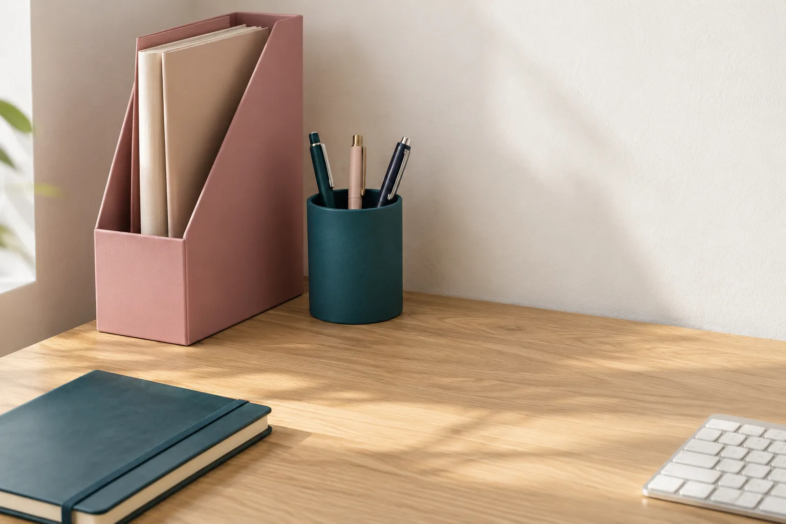 A rose file holder and petrol pen cup on a mostly clear desk.