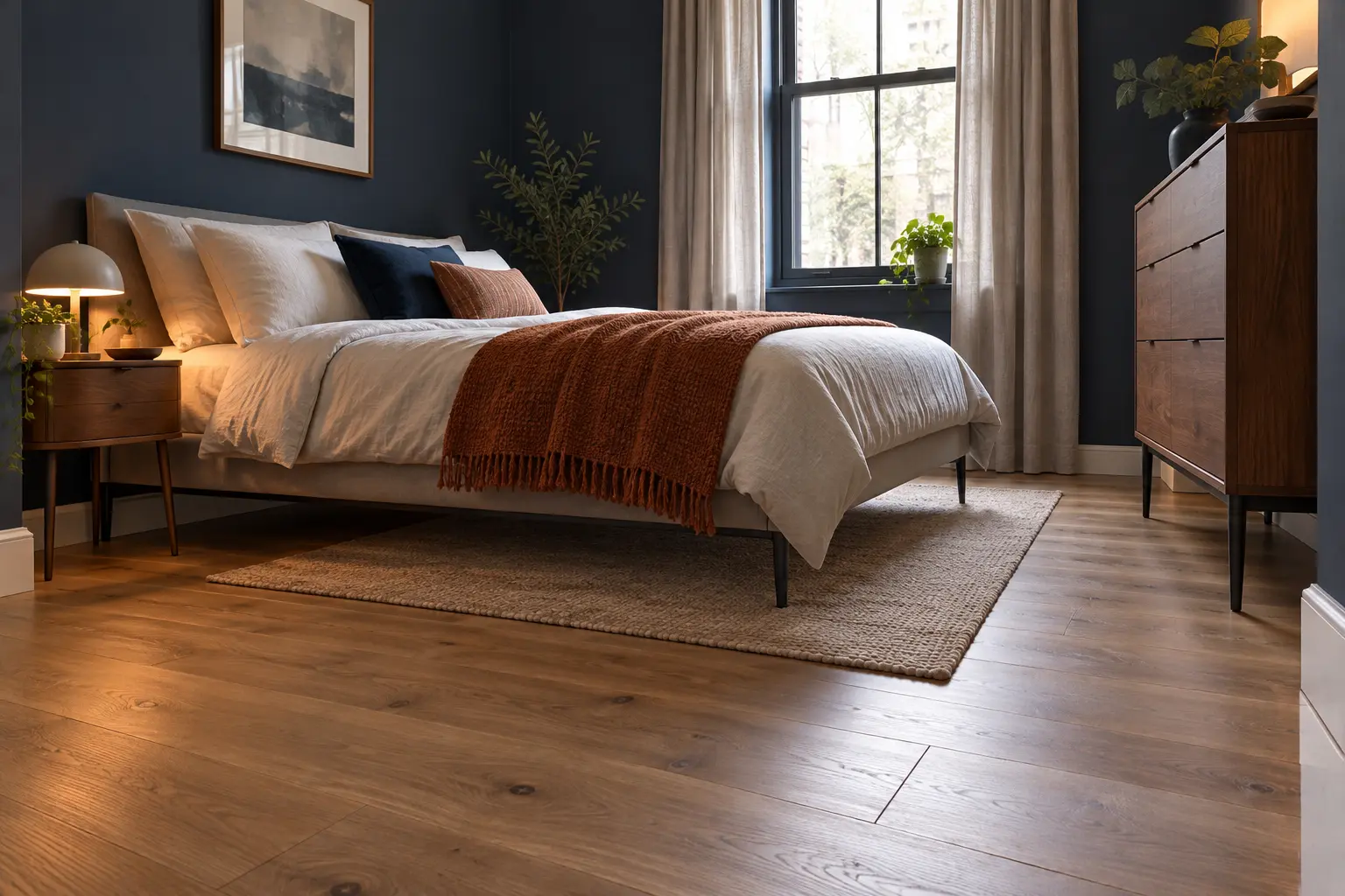 Choose raised, narrow furniture so the floor still reads clearly