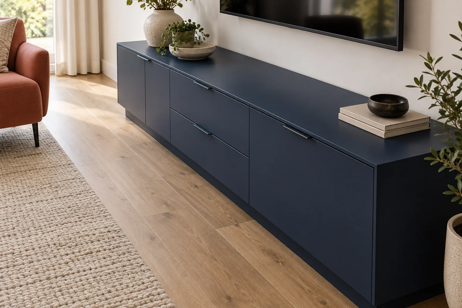 Oblique view of a slim midnight-blue media console beside an unobstructed passage.