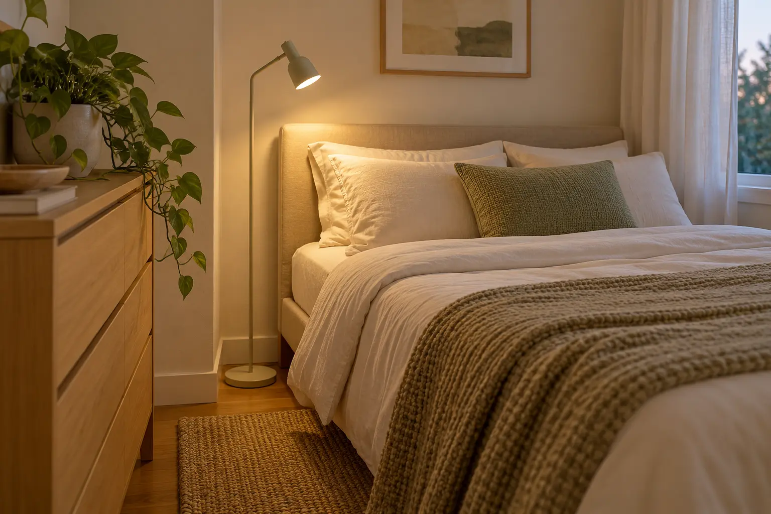 Tuck a slim floor reading lamp beside the bed