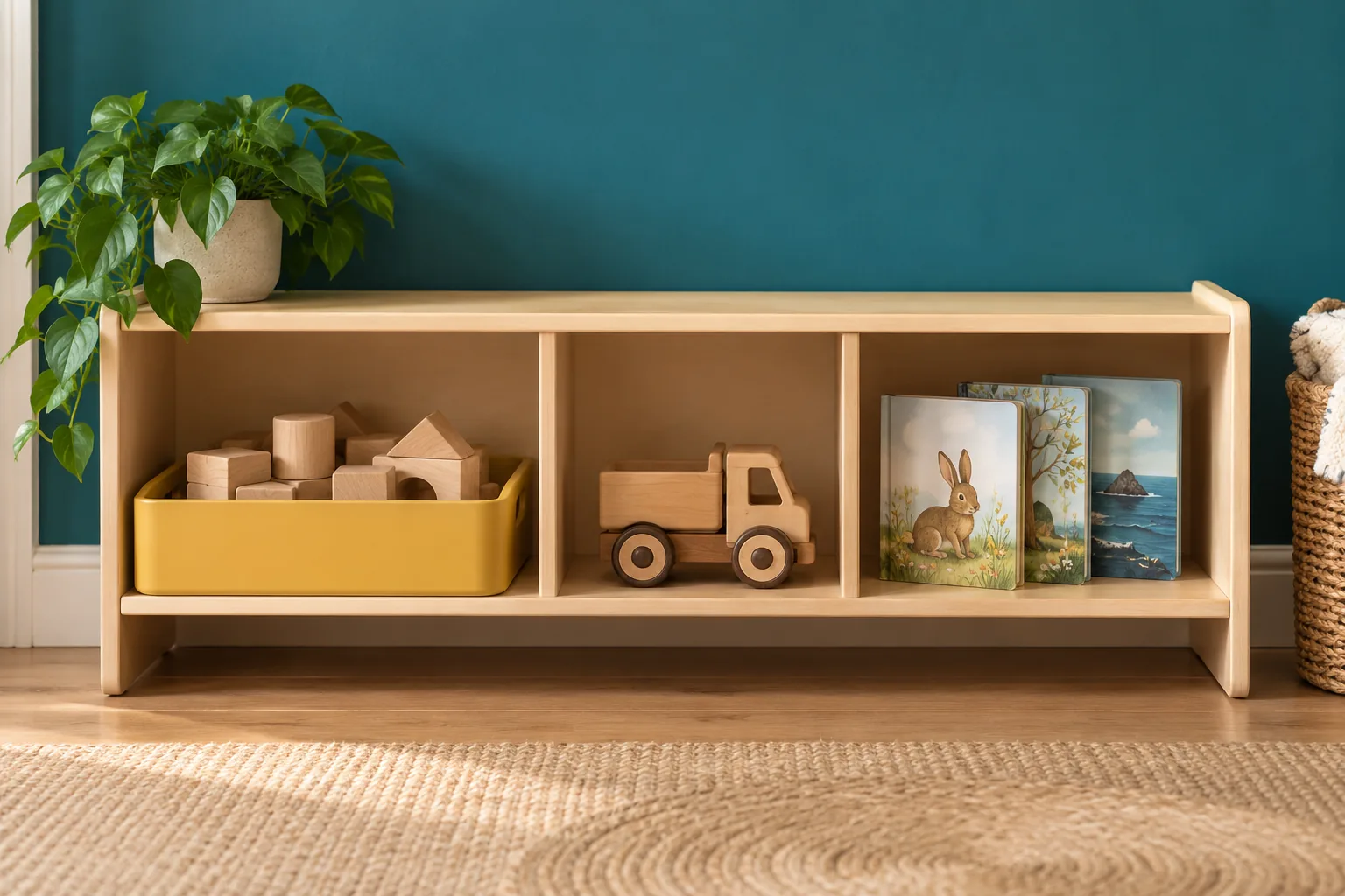 A low shelf with a small selection of chunky blocks, a vehicle and picture books.