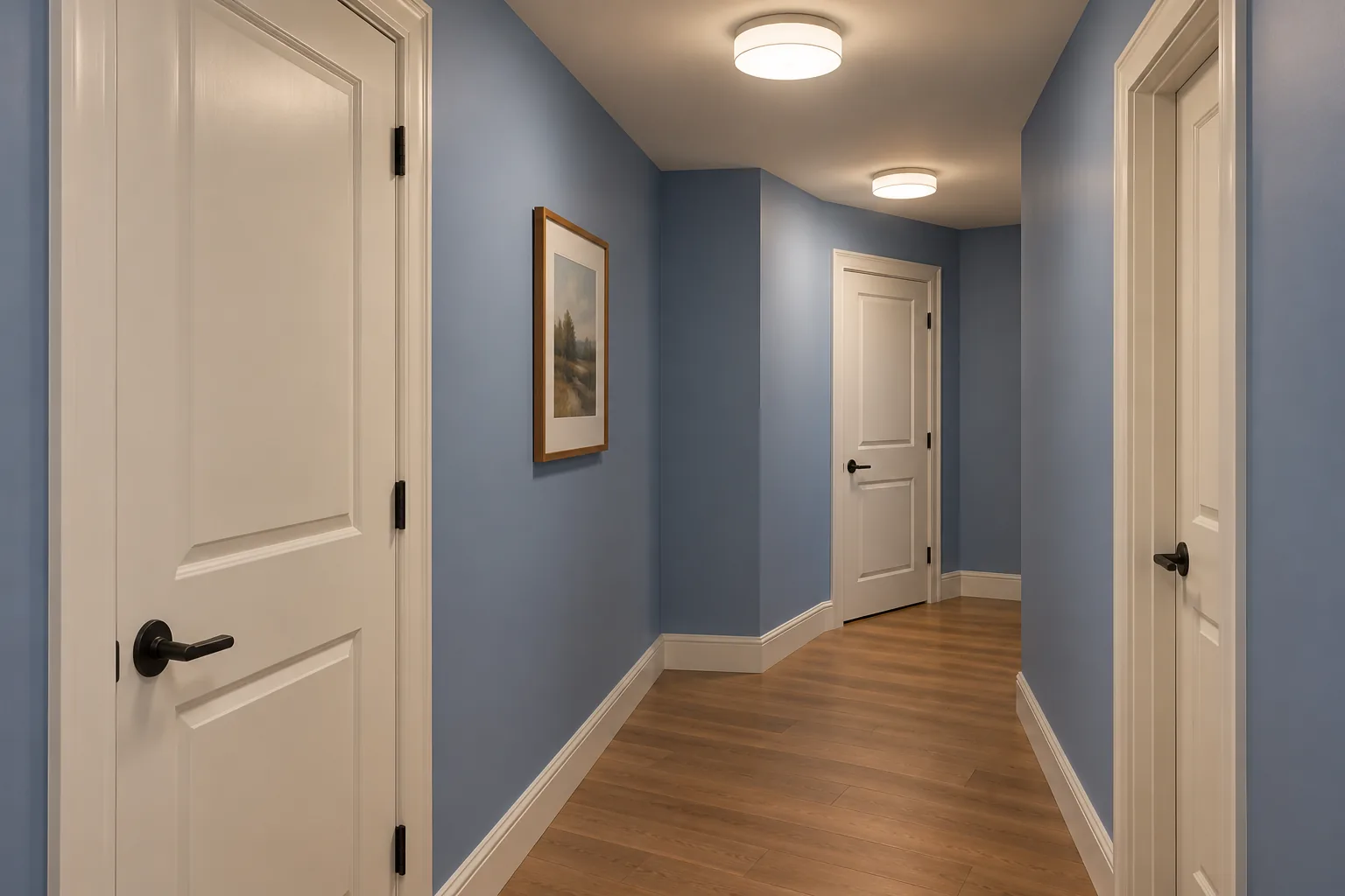 Diffused ceiling lights illuminating door handles and a turn in a cornflower hallway.