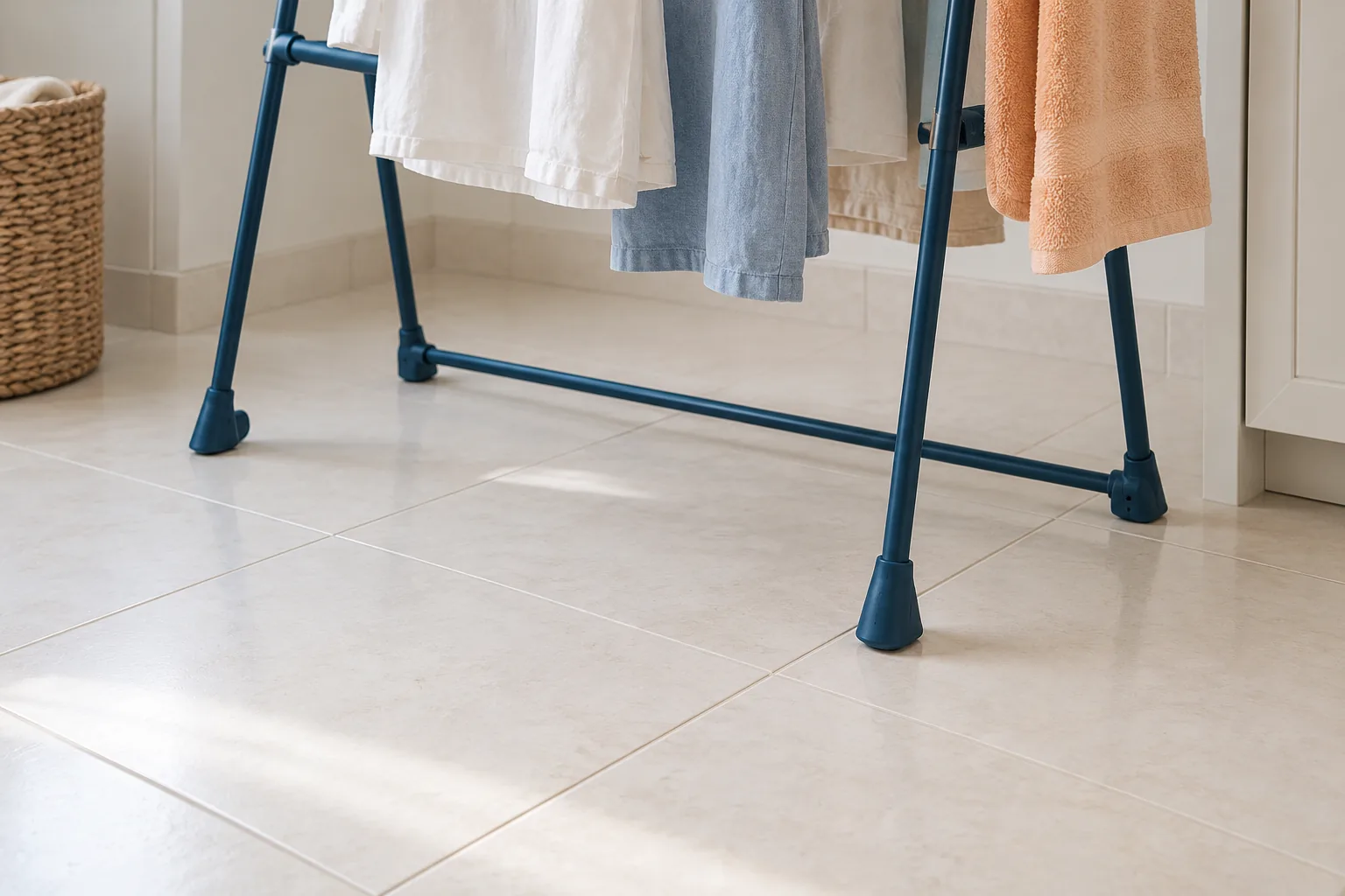 An airer with a few damp garments above a clear washable tiled floor.