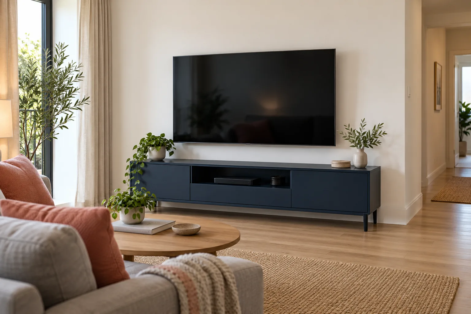 A TV Wall for a Small Living Room: Screen, Cables and Storage