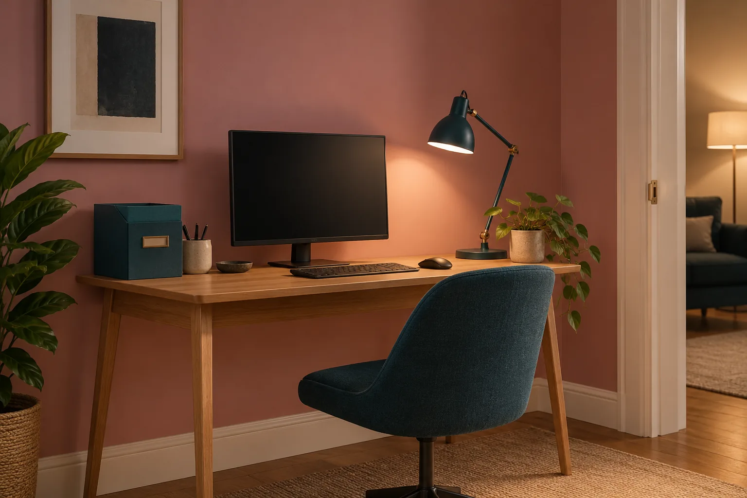 A pale rose wall behind a compact desk in a softly lit work corner.